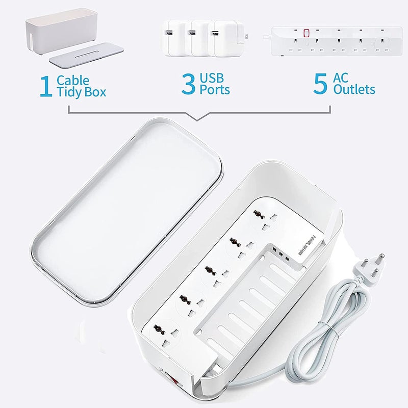Hoteon Extension Board with Cable Management Box Hoteon Power Strip Plus Cord Organizer Box with Reset 2500W10A 5 Universal Sockets and 3nos 5V31A Fast Charge USB Ports 2M Surge Protector3 PIN - Image 4
