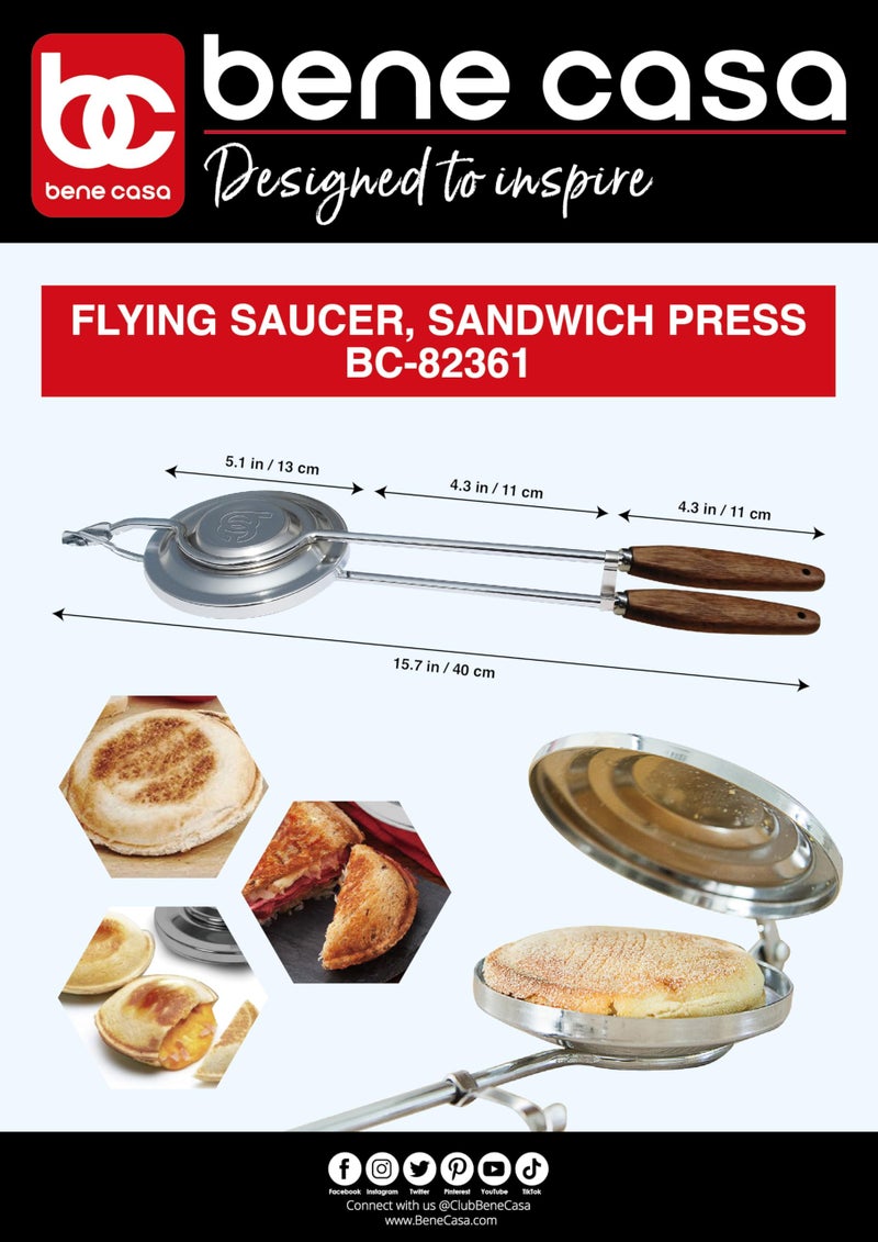 Bene Casa  Flying Saucer Sandwich Press with Heavyduty Natural Wooden Handles 16  Ideal for Bonfire or Camping Cooking