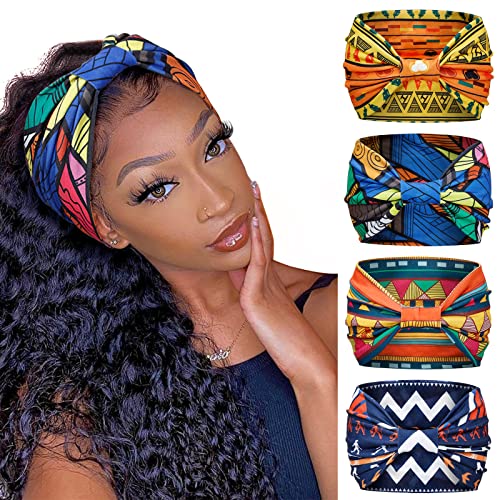 Huachi Wide Headbands for Women Boho Workout Head Bands for Women’s Hair African Knotted Non Slip Headwrap Turban Sport Yoga Girls Bandeau Hair Accessories (Pack of 4) - Image 1