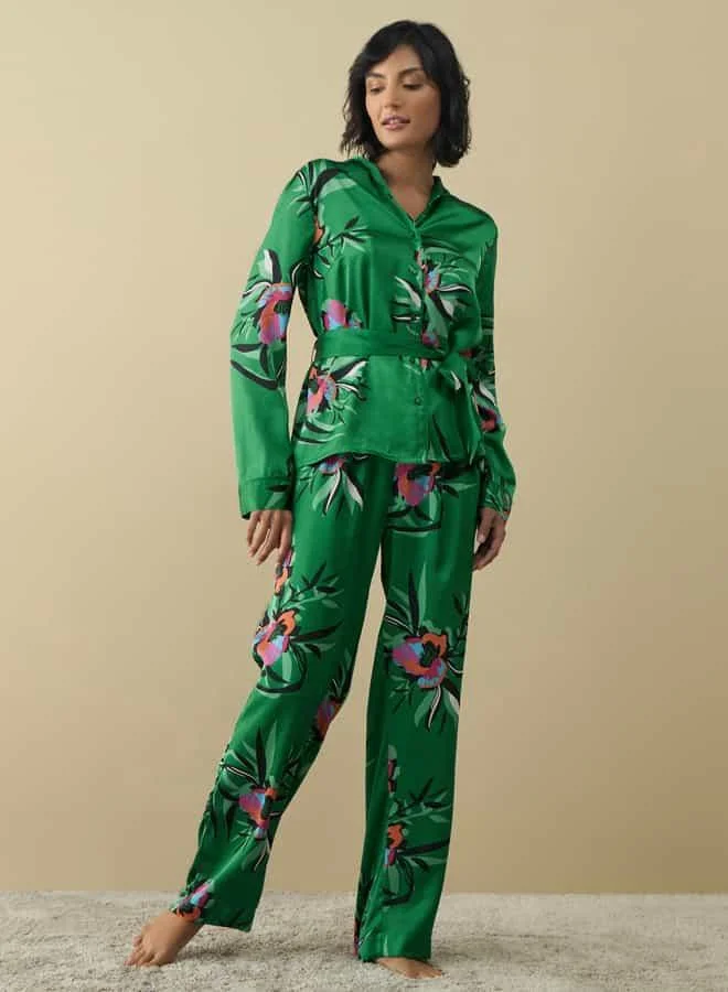 Splash FAV All-Over Floral Print Shirt with Belt Tie-Up and Pyjama Set