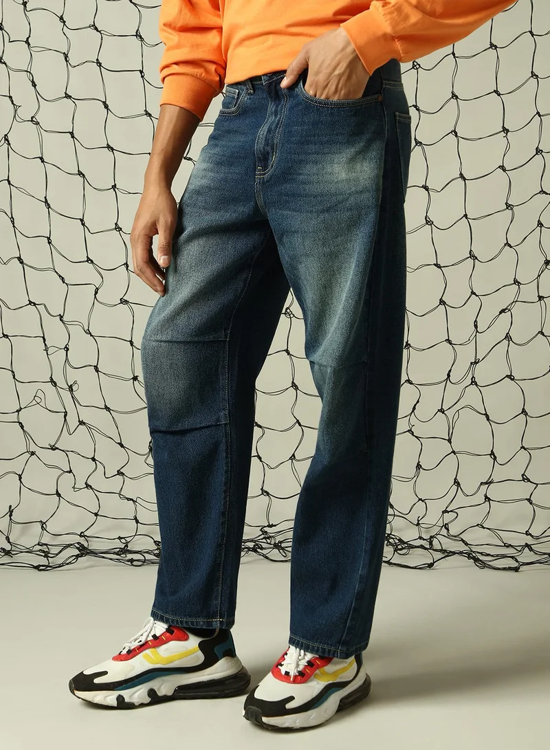 Hubberholme Men's Indigo 100% Cotton Distressed Full Length Loose Fit Jeans