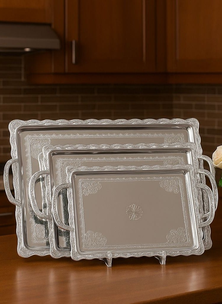 AL-GANNAS 3 Pieces Serving Tray Set | Wide Sizes | Modern Design | Silver - Image 1