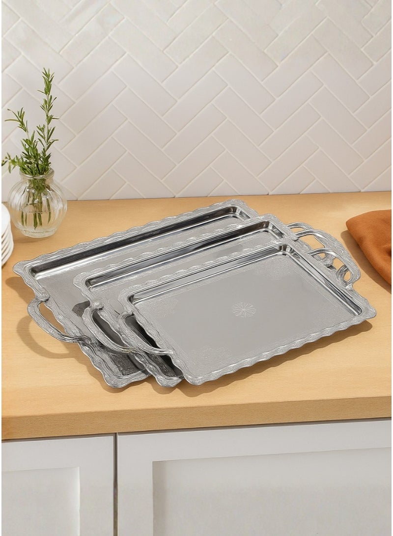 AL-GANNAS 3 Pieces Serving Tray Set | Wide Sizes | Modern Design | Silver - Image 5