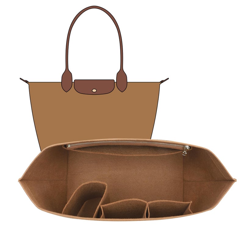 OAikor Felt Purse Organizer Insert Compatible with Longchamp Le Pliage Large and More Zipper Bag Organizer Insert with Cup Holder for Tote Handbags 8 Compartments Gold BrownL - Image 2