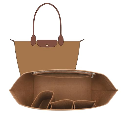 OAikor Felt Purse Organizer Insert Compatible with Longchamp Le Pliage Large and More Zipper Bag Organizer Insert with Cup Holder for Tote Handbags 8 Compartments Gold BrownL - Image 1