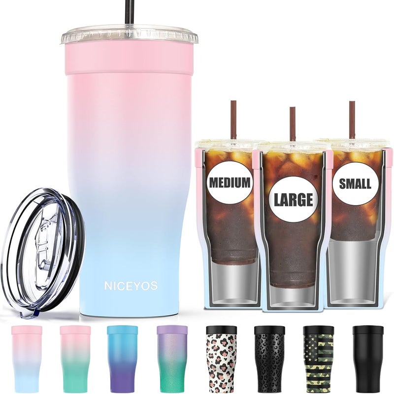 Niceyos Universal Iced Coffee Sleeve - Upgraded Double Wall Reusable Stainless Steel Holder Sleeves Insulator for Cold Drinks Fits Starbucks Dunkin Donuts McDonalds Small Medium Large Cup (Pink Blue) - Image 1