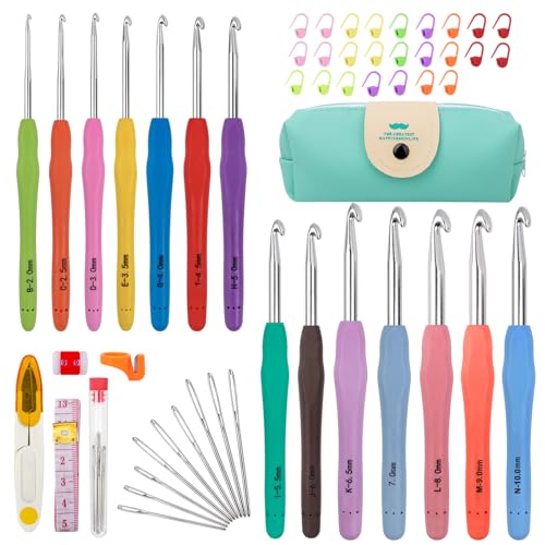 53 Pack Crochet Hooks Set 14 Sizes Crotchets Hooks Crochet Kits for Beginners Adults Knitting Kit with Aluminum Crochet Needles Crochet Hook Case Ergonomic Grip for Arthritic Hands Crochet Tools