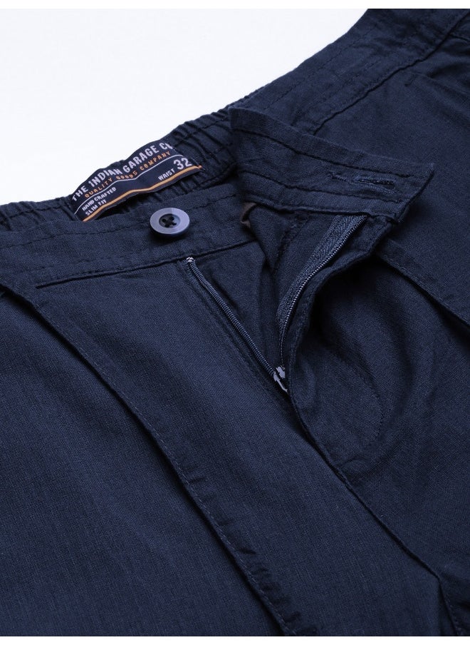 The Indian Garage Co Dress Blue Men Slim Fit Casual Solid Regular Linen Trousers  - Image 3