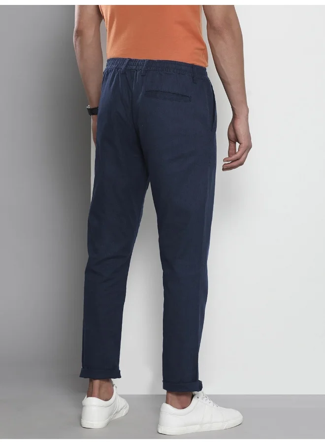 The Indian Garage Co Dress Blue Men Slim Fit Casual Solid Regular Linen Trousers