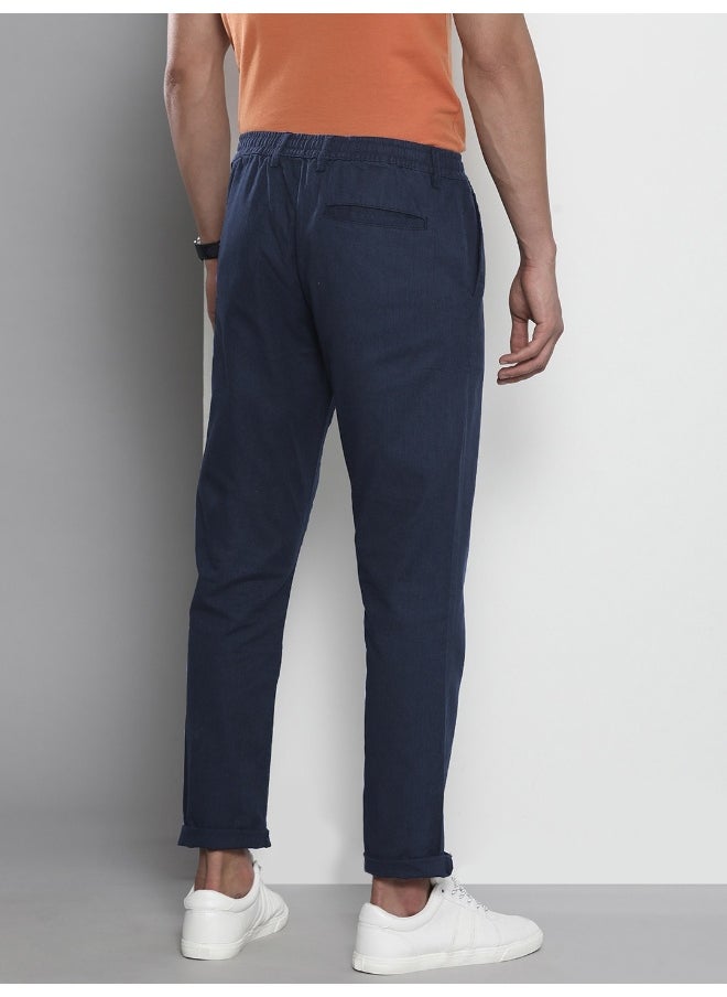 The Indian Garage Co Dress Blue Men Slim Fit Casual Solid Regular Linen Trousers  - Image 1