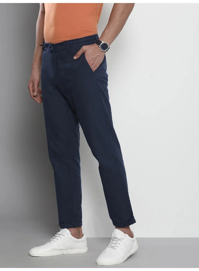 The Indian Garage Co Dress Blue Men Slim Fit Casual Solid Regular Linen Trousers