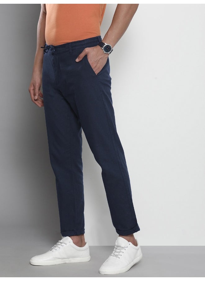The Indian Garage Co Dress Blue Men Slim Fit Casual Solid Regular Linen Trousers  - Image 4