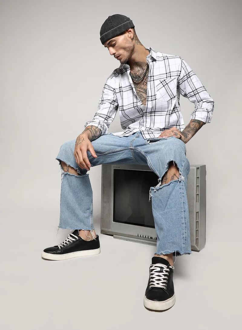 Campus Sutra Men's White & Black Tartan Plaid Shirt