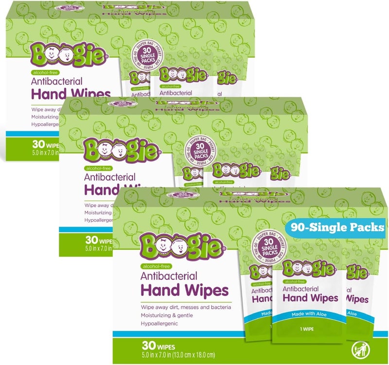 Antibacterial Hand Wipes by Boogie Alcohol Free Hypoallergenic and Moisturizing Aloe Hand Wipes for Kids and Adults Single Packs 30 Wipes Pack of 3