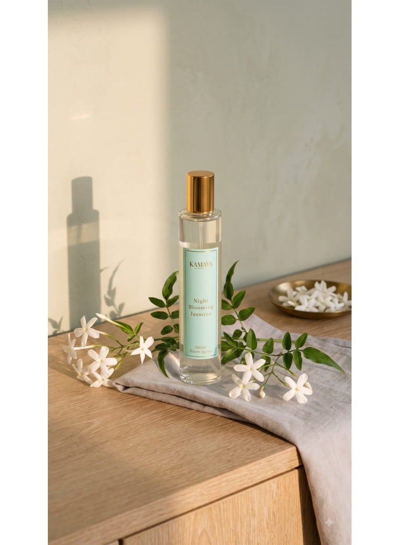 KAMAYA KAMYA IRIS Collection Night Blooming Jasmine Room Spray 100ml | Long lasting jasmine fragrance in clear bottle with gold lid - Image 1