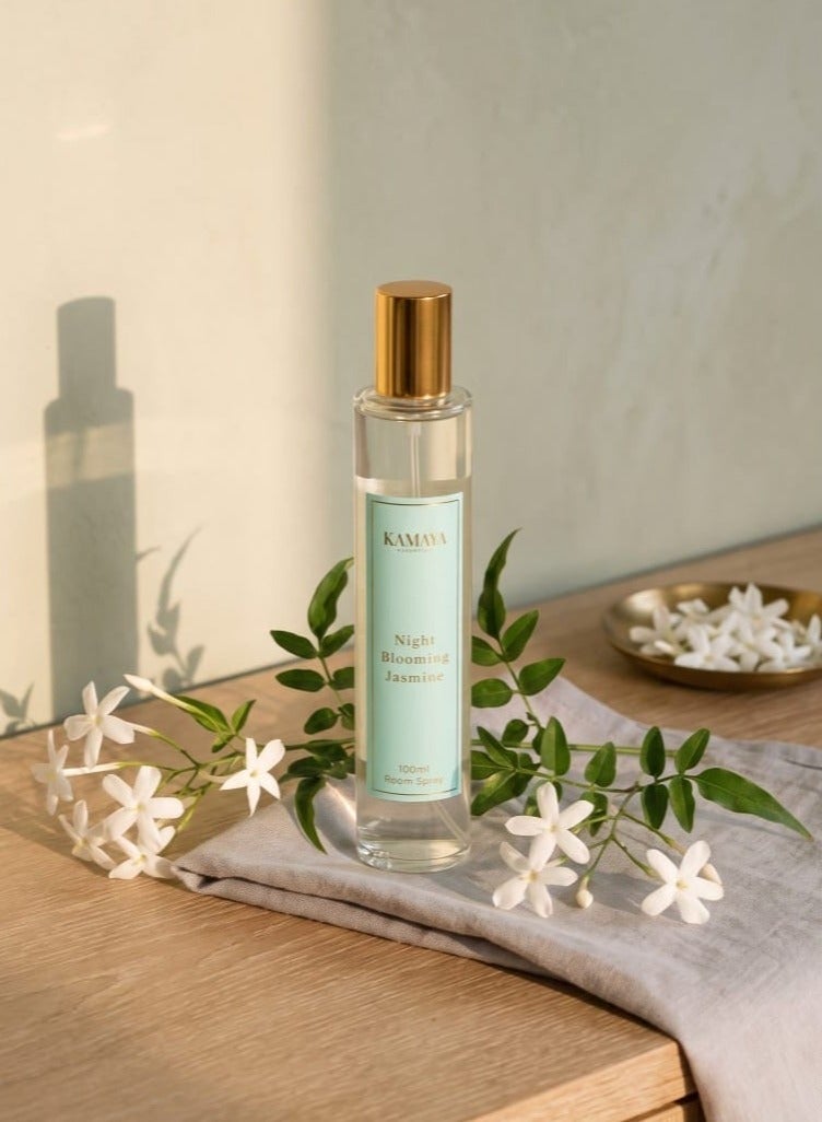 KAMAYA KAMYA IRIS Collection Night Blooming Jasmine Room Spray 100ml | Long lasting jasmine fragrance in clear bottle with gold lid - Image 1