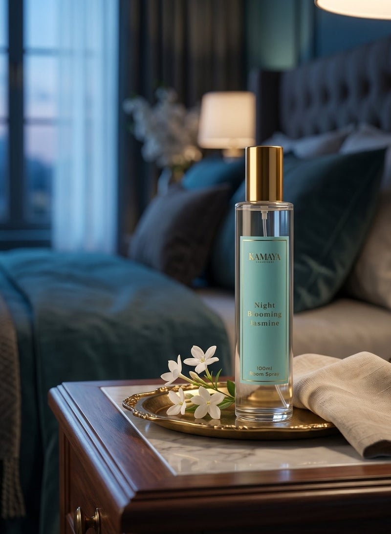 KAMAYA KAMYA IRIS Collection Night Blooming Jasmine Room Spray 100ml | Long lasting jasmine fragrance in clear bottle with gold lid - Image 2