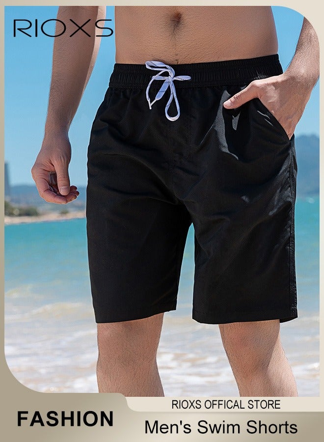 RIOXS Men's Quick Dry Swim Trunks with Pockets Elastic Drawstring Breathable Stretch Beach Shorts Soft Lining Casual Swimming Shorts for Surfing Beach Volleyball Water Park and Everyday Wear Black - Image 1