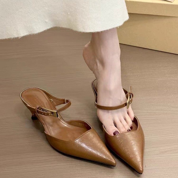 French Style Black High Heels Baotou Half Slippers Women'S Shoes Outer Wear Style Elegant Socialite Half Shoes - Image 5