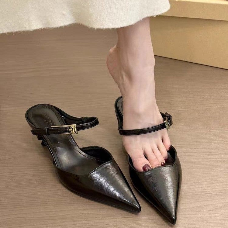 French Style Black High Heels Baotou Half Slippers Women'S Shoes Outer Wear Style Elegant Socialite Half Shoes - Image 2