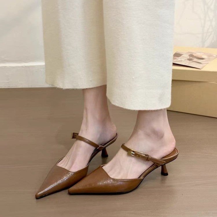 French Style Black High Heels Baotou Half Slippers Women'S Shoes Outer Wear Style Elegant Socialite Half Shoes - Image 3