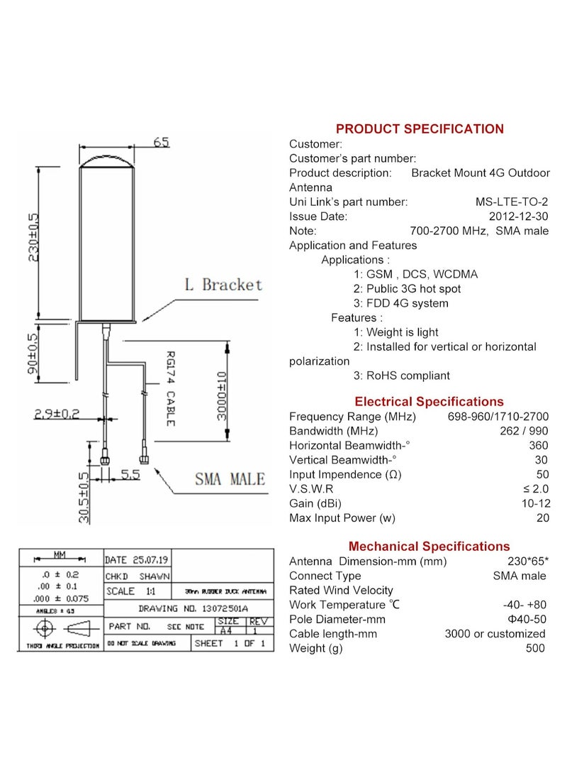 Arabest 10-12dBi 4G LTE Outdoor Antenna, 698-2700MHz Dual SMA Male Connector with 5M RG174 Cable High Gain 4G WiFi Antenna Outdoor 3G 4G LTE Omni-directional Mount Antenna Router Hotspot Wireless  - Image 5