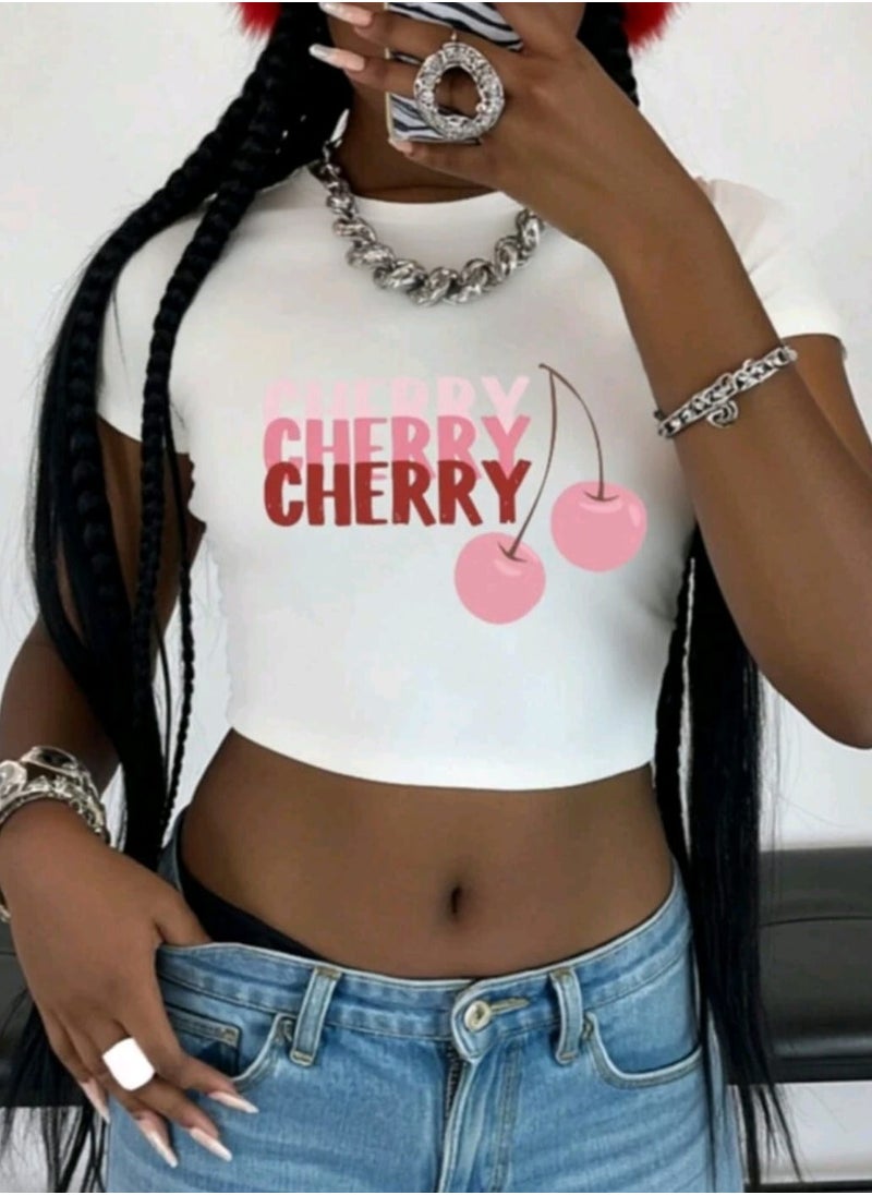 Shein Cherry Slogan Print Graphic Women's Round Neck Short Sleeve T-Shirt  - Image 1