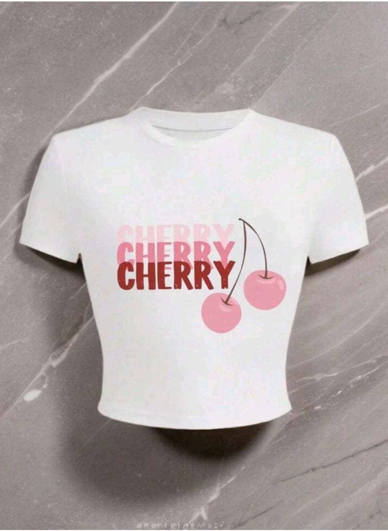 Shein Cherry Slogan Print Graphic Women's Round Neck Short Sleeve T-Shirt  - Image 2