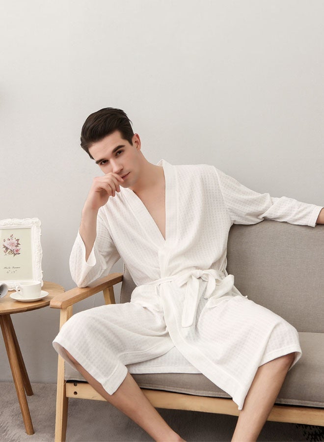 Hanayo Bath Robe Spring and Summer Nightgown Bathrobe For Women & Men V Neck Long Sleeve Sleepwear Waffle Robe Spa Robe Unisex Couple Bathrobe Perfect for Everyday Use(White,XL) - Image 4