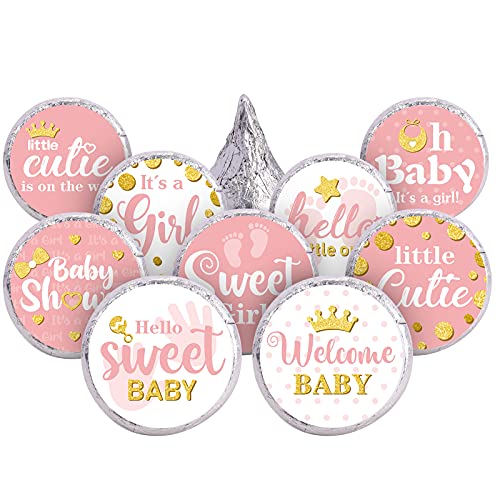 Clabby 504 Pieces Boy Girl Baby Shower Favors Stickers Mini Kisses Candy Stickers Chocolate Drop Labels Wrappers Little Cutie Baby Shower Decoration for Sprinkle Birthday PartyPink Girl Style - Image 1
