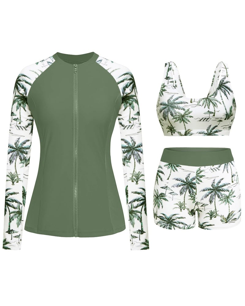 Holipick Green Palm Tree Long Sleeve Swimsuits for Women - 3 Piece Rash Guard with Shorts Zipper SPF Swim Shirt with Built in Bra L - Image 1
