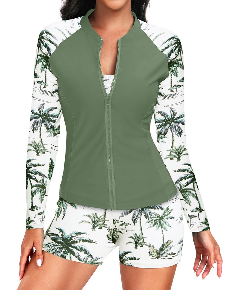 Holipick Green Palm Tree Long Sleeve Swimsuits for Women - 3 Piece Rash Guard with Shorts Zipper SPF Swim Shirt with Built in Bra L - Image 4