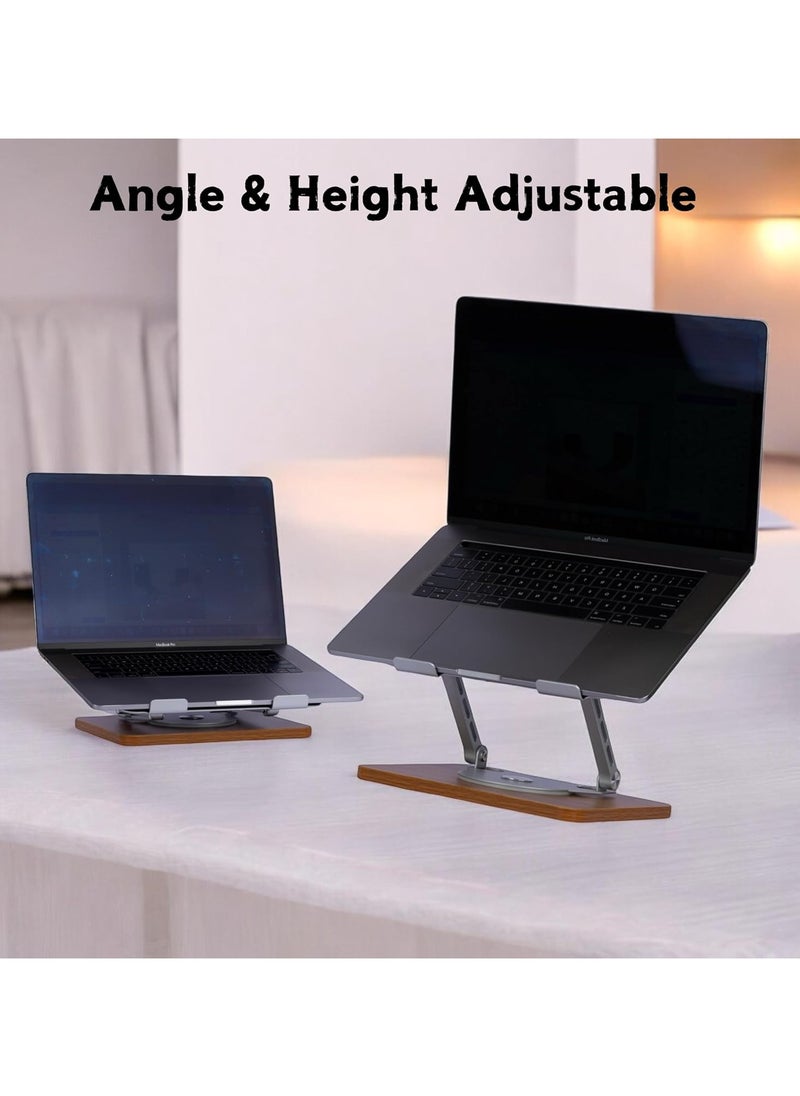 Laptop Stand with Mechanical Base - Adjustable Height, 360° Rotating Bamboo & Aluminum Notebook Stand, Portable, Ergonomic Design, Compatible with Laptops, 1-Piece