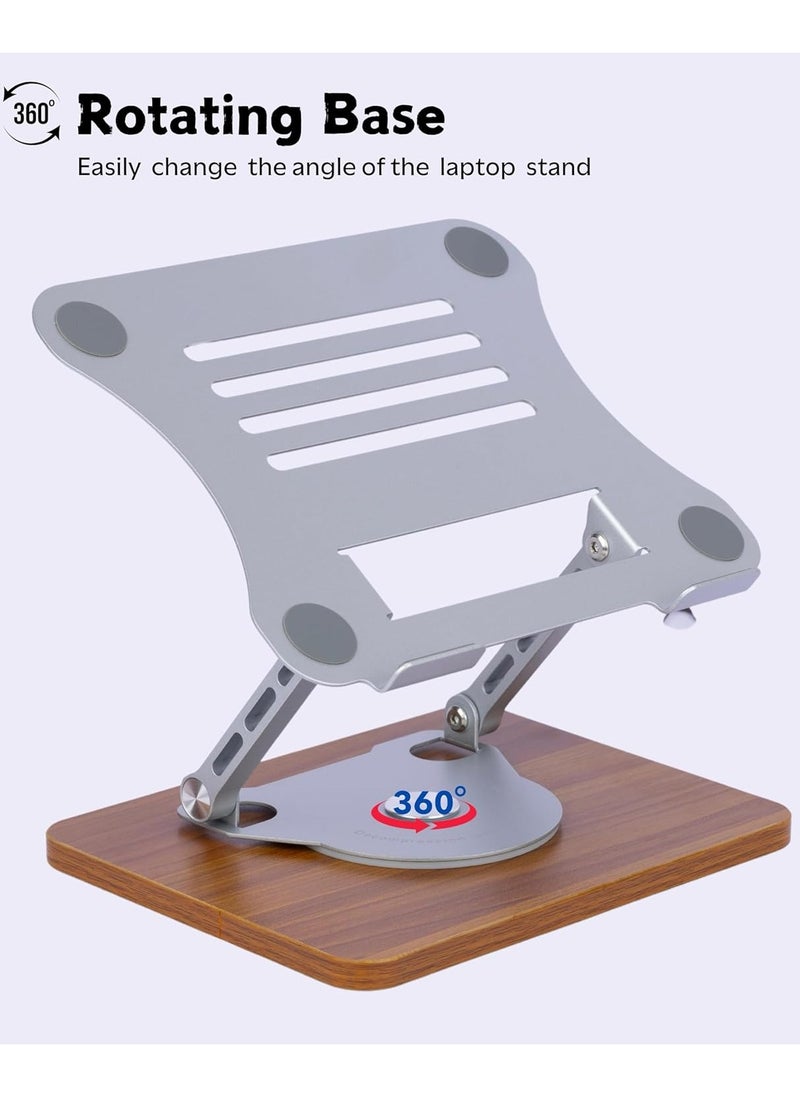 Laptop Stand with Mechanical Base - Adjustable Height, 360° Rotating Bamboo & Aluminum Notebook Stand, Portable, Ergonomic Design, Compatible with Laptops, 1-Piece