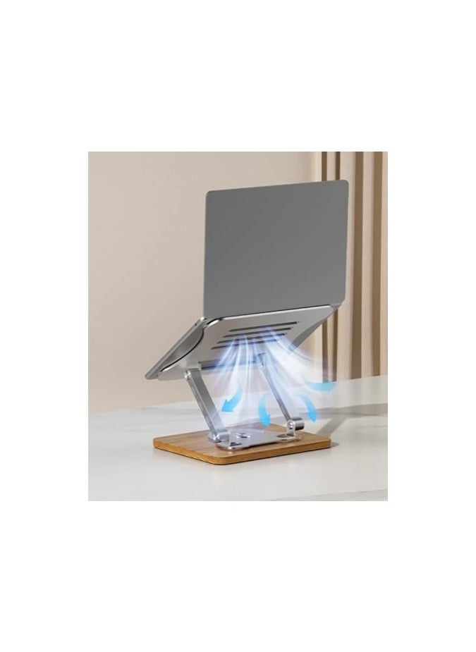 Laptop Stand with Mechanical Base - Adjustable Height, 360° Rotating Bamboo & Aluminum Notebook Stand, Portable, Ergonomic Design, Compatible with Laptops, 1-Piece