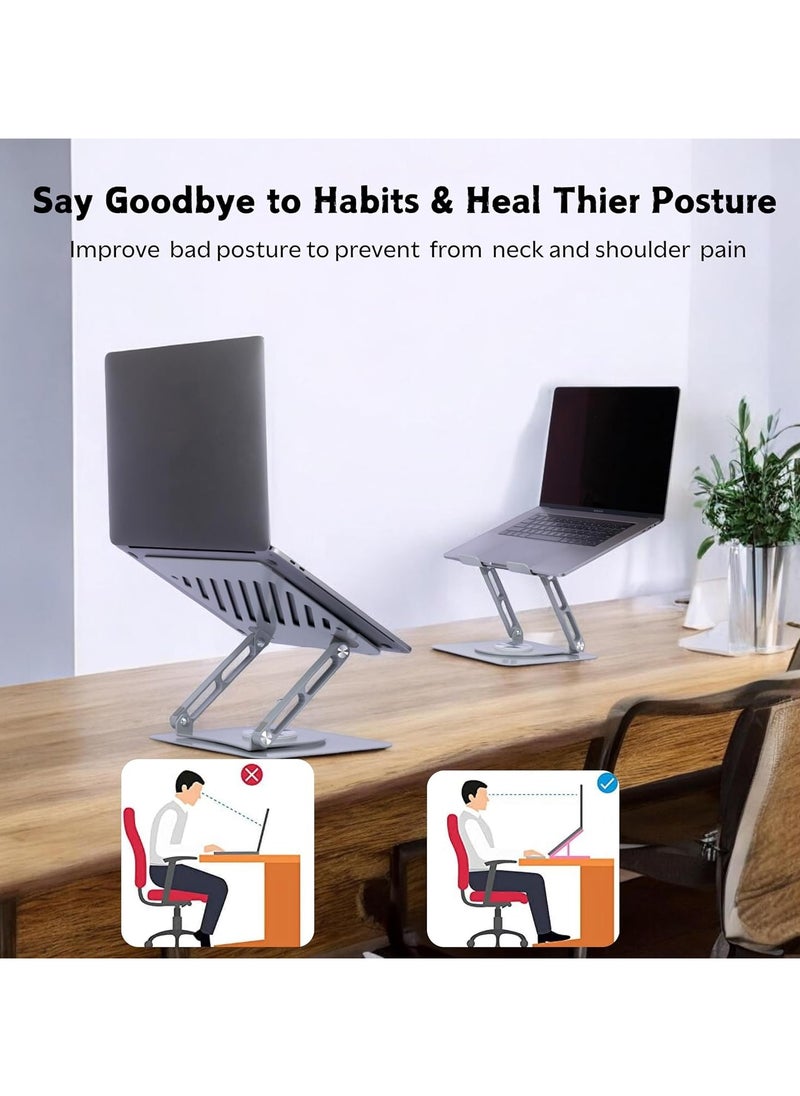 Laptop Stand with Mechanical Base - Adjustable Height, 360° Rotating Bamboo & Aluminum Notebook Stand, Portable, Ergonomic Design, Compatible with Laptops, 1-Piece
