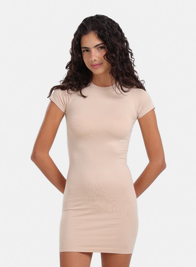 Carina Women's Slim-Fit Short-Sleeve Mini Dress - Beige - Image 1