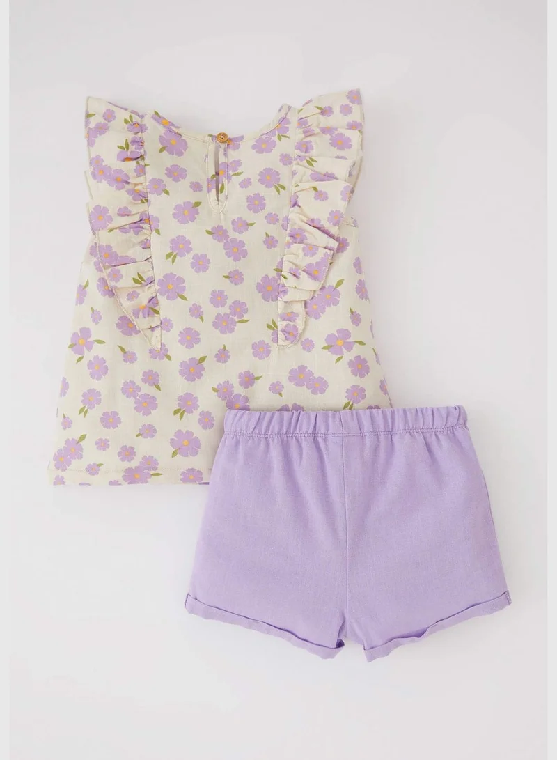 DeFacto Regular Fit Sleeveless Frill Detail Floral Print Blouse & Short Set
