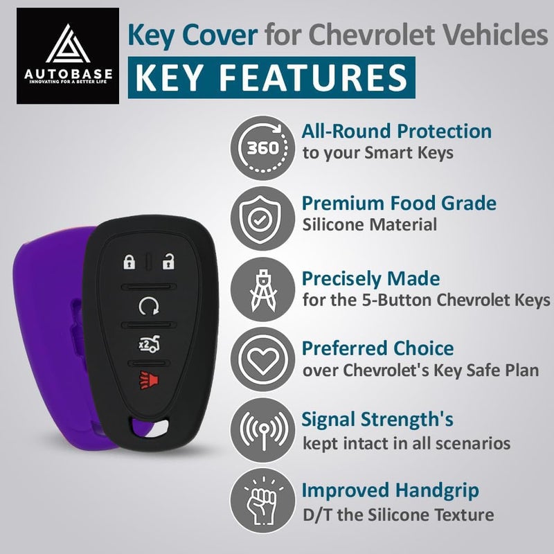 Autobase Silicone Key Fob Cover for Chevy Malibu Camaro Trax Traverse Trailblazer Sonic Cruze Blazer Volt Equinox Spark | Car Accessory for Chevrolet | Key Protection Case 2 Pcs (Black & Purple) - Image 3