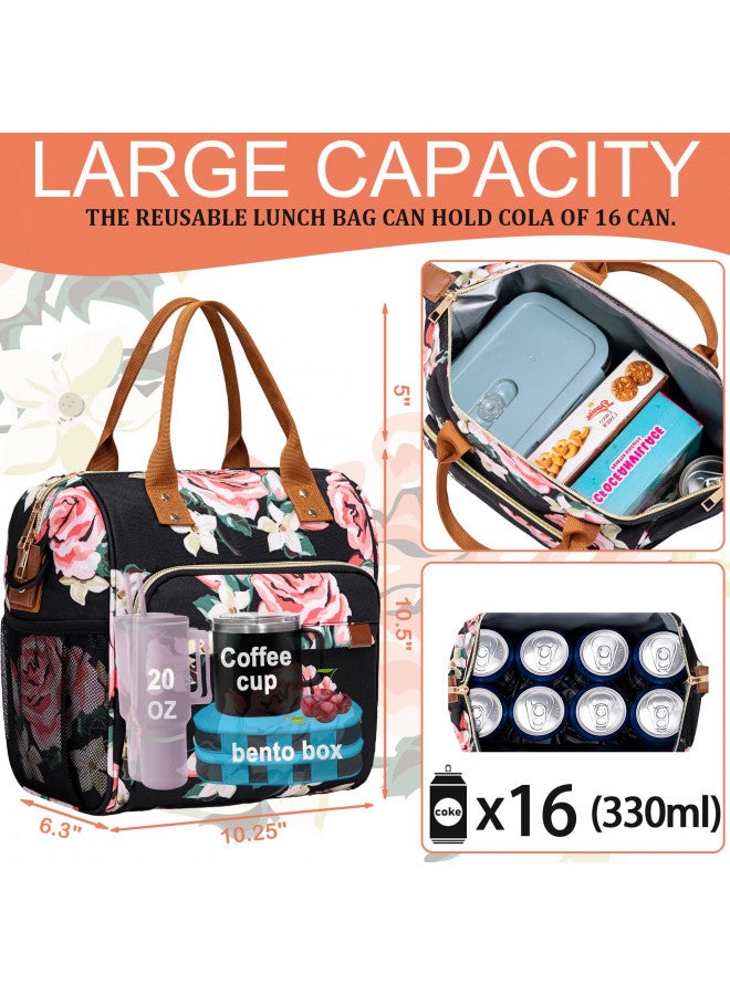 TuErCao Lunch Box for Women Adult Insulated Lunch Bag for Female Teacher Nurse Mom, Fashion Ladies Lunch Tote Bag for Work, Peony - Image 1