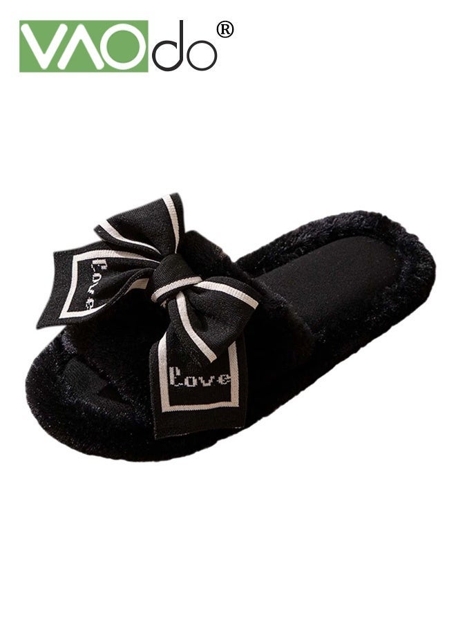 VAOdo Womens Fuzzy Memory Foam Slippers Cross Band Cozy Plush Home Slippers Fluffy Furry Open Toe House Shoes Indoor Outdoor Slide Slipper Black - Image 1