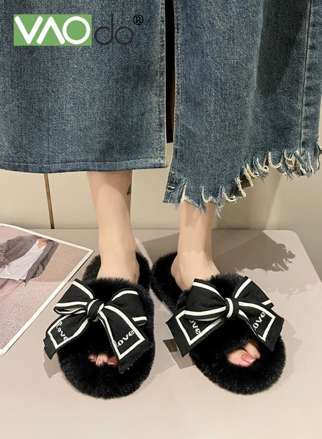 VAOdo Womens Fuzzy Memory Foam Slippers Cross Band Cozy Plush Home Slippers Fluffy Furry Open Toe House Shoes Indoor Outdoor Slide Slipper Black - Image 4
