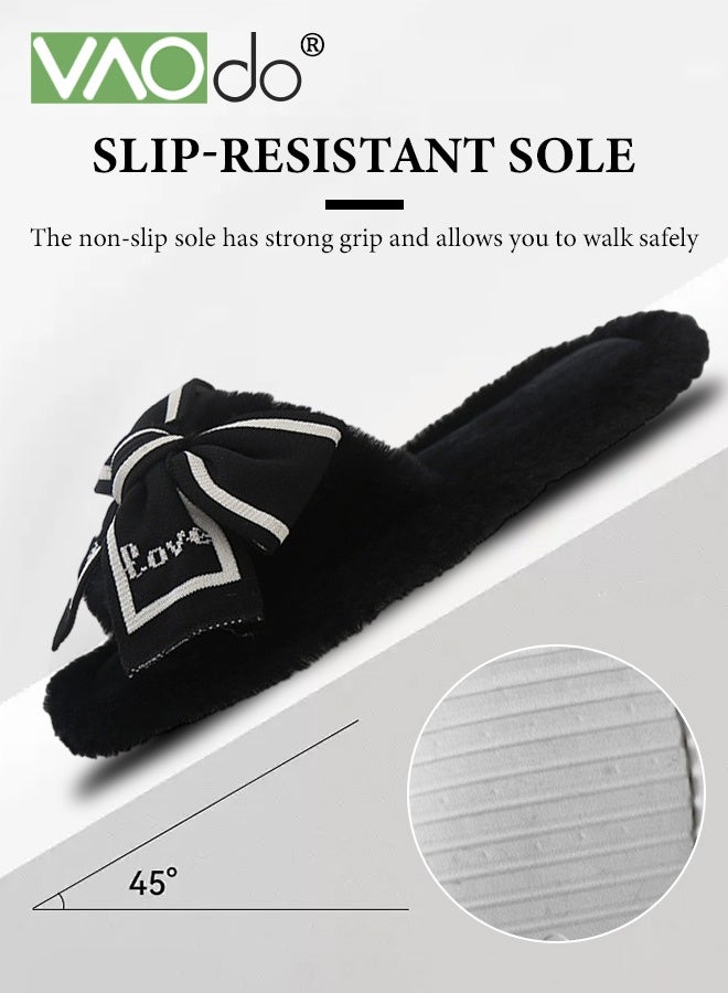 VAOdo Womens Fuzzy Memory Foam Slippers Cross Band Cozy Plush Home Slippers Fluffy Furry Open Toe House Shoes Indoor Outdoor Slide Slipper Black - Image 5