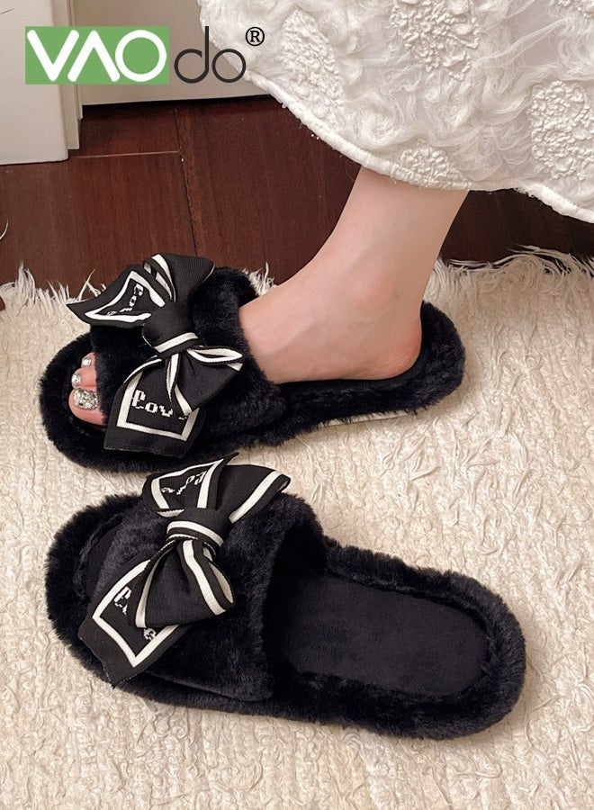 VAOdo Womens Fuzzy Memory Foam Slippers Cross Band Cozy Plush Home Slippers Fluffy Furry Open Toe House Shoes Indoor Outdoor Slide Slipper Black - Image 2