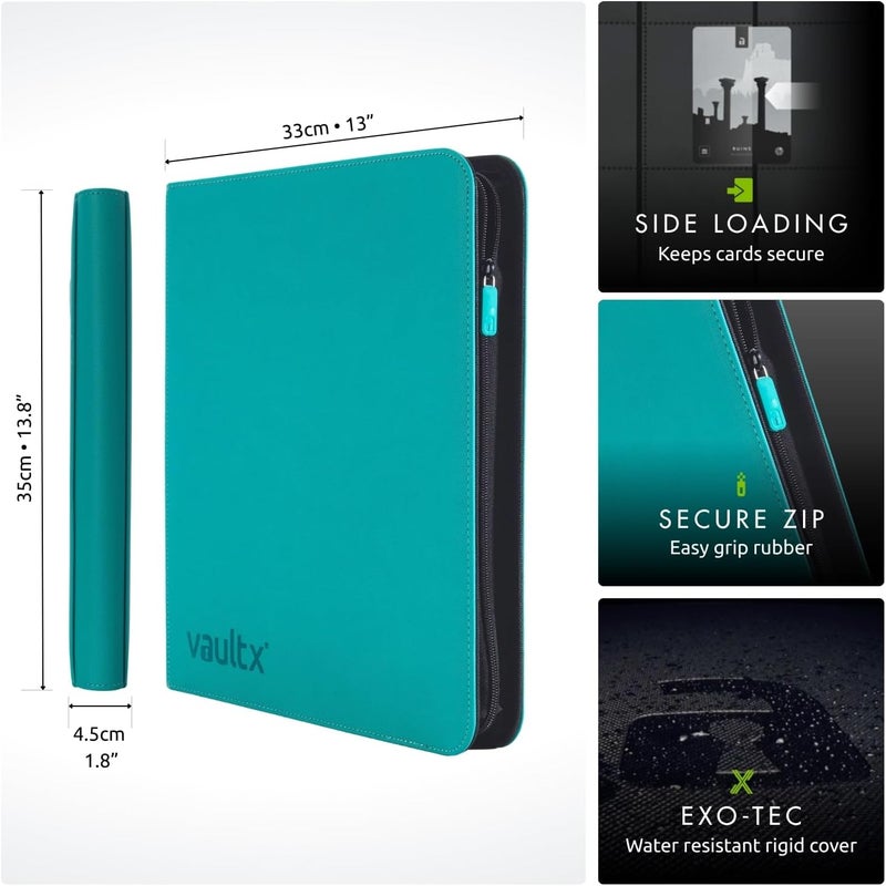 Vault X 12 Pocket Trading Card Zip Binder - 480 cards, Premium Exo-Tec Album Material, 20 Side-Loading Pages, Folder for Collectible Card Games, Sports, TCG (Teal) - Image 2