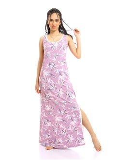 REDCOTTON Patterned Sleeves Long Nightgown with Side Slit-LIGT Purple  - Image 1