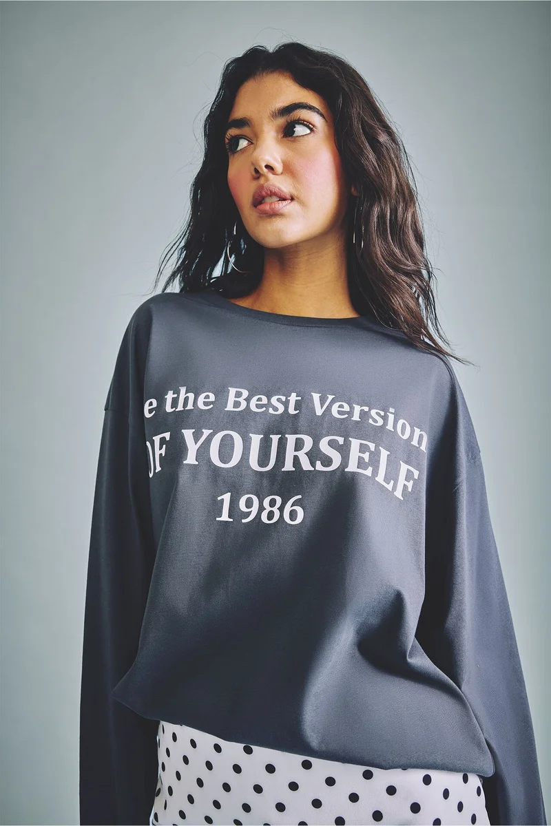 Defacto  Oversize Fit Printed 100% Cotton Crew Neck Long Sleeve T-Shirt  | Best Price UAE