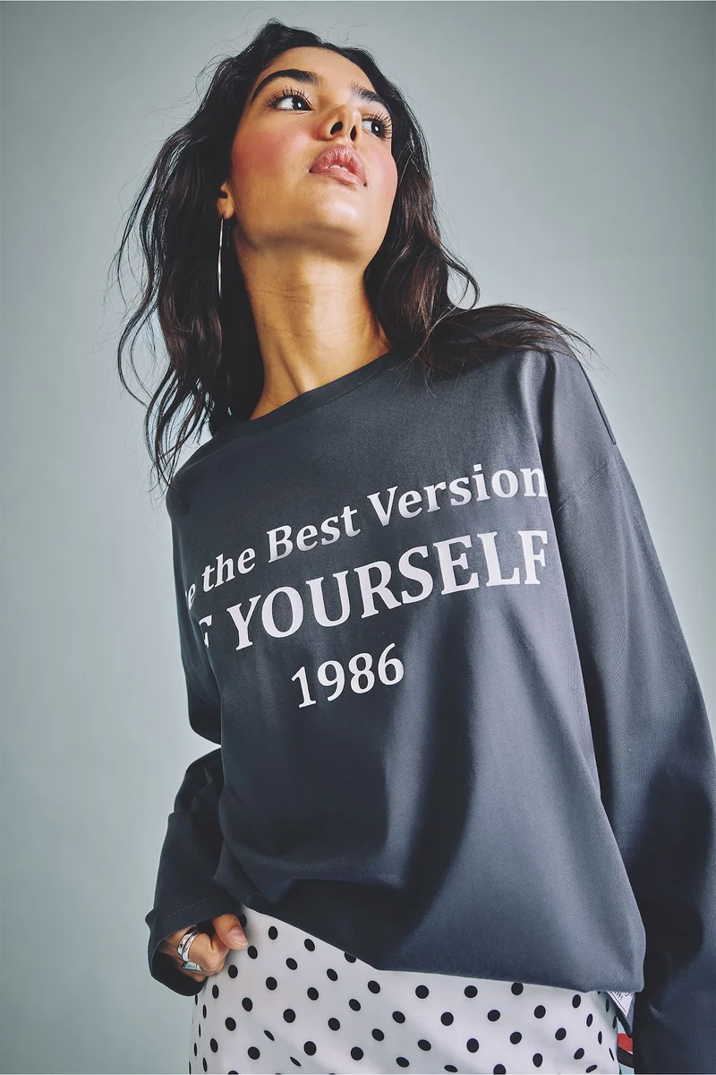 Oversize Fit Printed 100% Cotton Crew Neck Long Sleeve T-Shirt