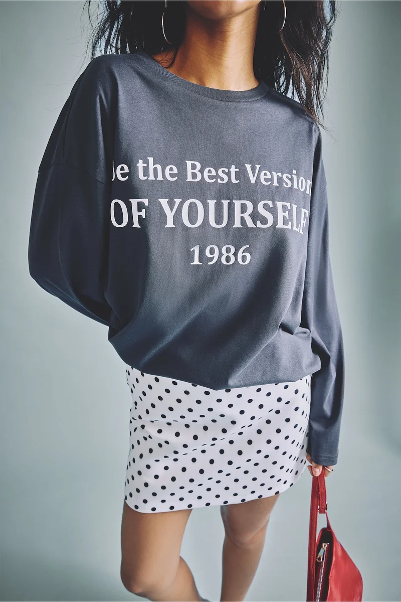 Defacto  Oversize Fit Printed 100% Cotton Crew Neck Long Sleeve T-Shirt  | Best Price UAE