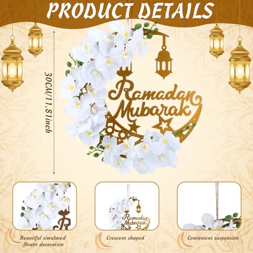 Lineshading Eid Ramadan Mubarak Wreaths Ramadan Decorations for Home Front Door Eid Decor Round Metal Hoop Floral Hanging Garland for Wall Window Indoors Outdoor Farmhouse Decor Classic - Image 3